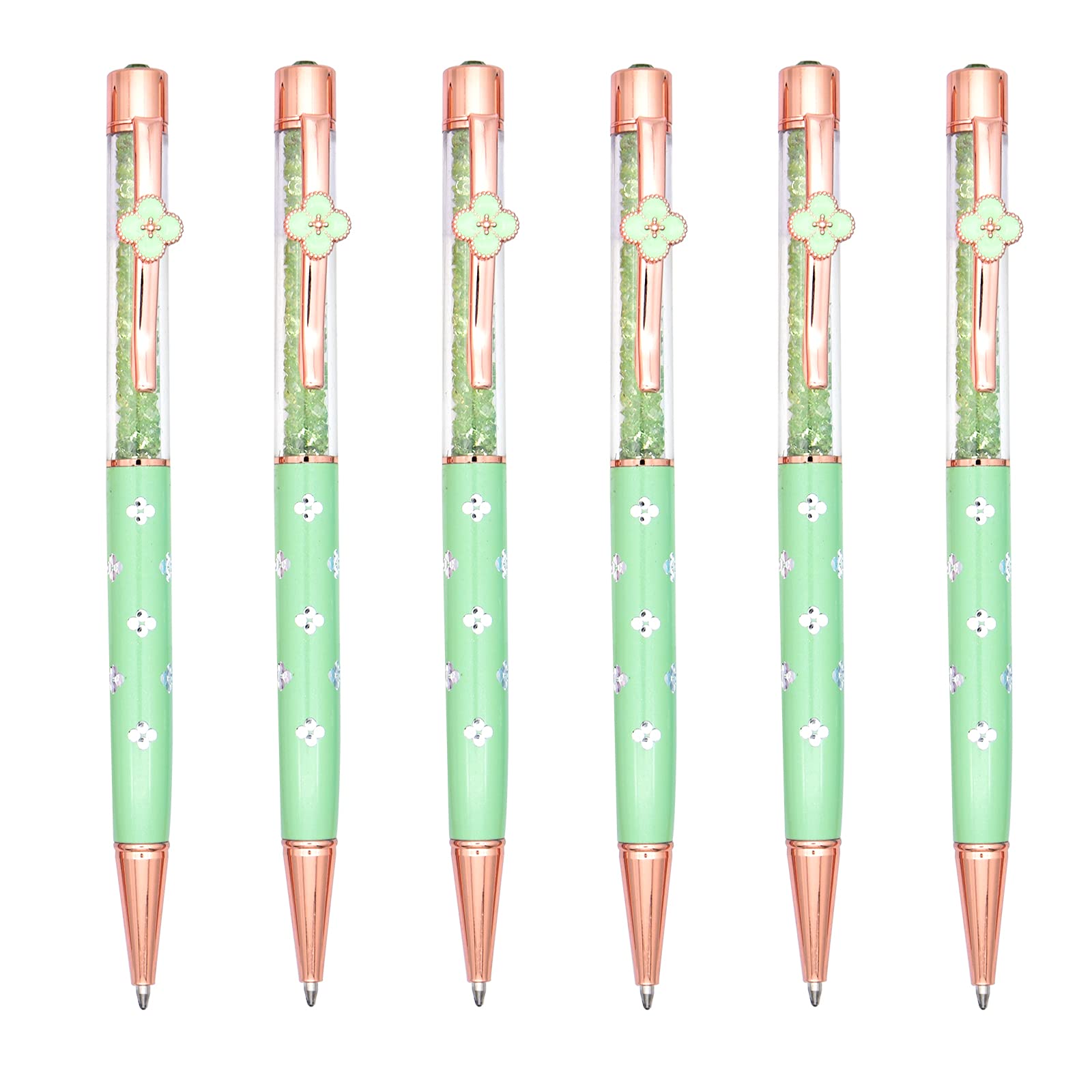 Gullor 6 Pieces Black Ink Pens Four-leaf clover crystal pen Medium Point Ballpoint Pens, Green