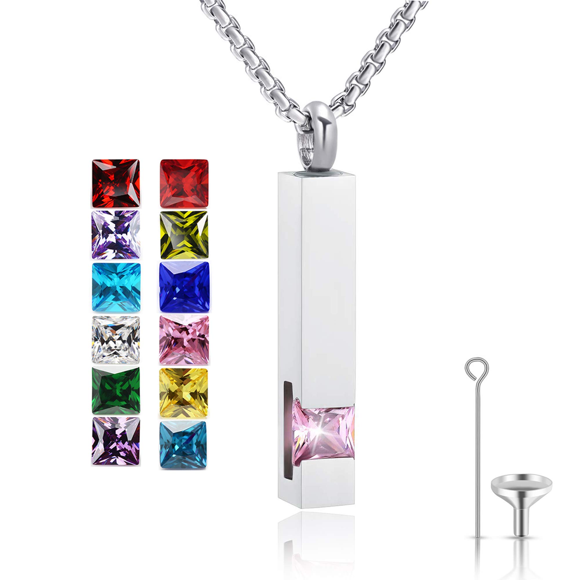 Urn Necklace for Ashes Birthstone Cuboid Cremation Jewelry Keepsake Holder Memorial Locket Necklace Pendant