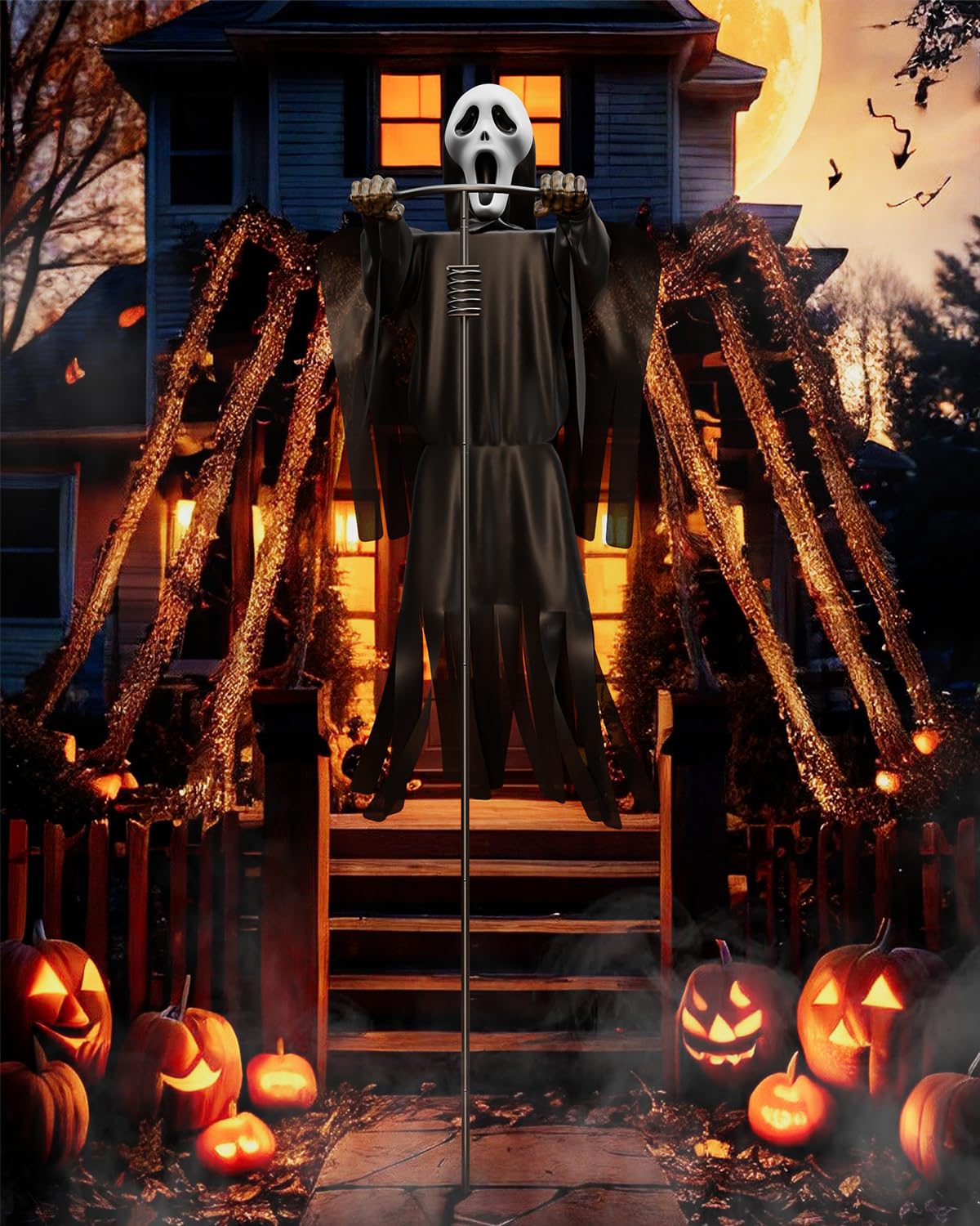 Photo 1 of COOLWUFAN Halloween Flying Scarecrow Ghost with Metal Pole, Large Scary Spooky Scarecrows Ghosts, Creepy Grim Animated Halloween Decorations for Outdoor Yard Porch Lawn Garden, Party (1 Pack)
