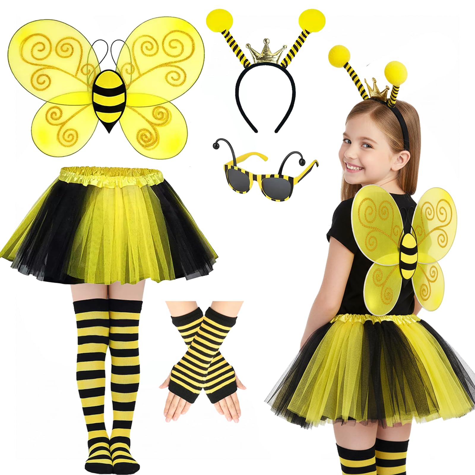 Gibocot 6 Pcs Kids Bee Costume, Bee Fancy Dress Outfit with Headband Bee Wings Sunglasses Yellow Tutu Skirt Knee-High Socks Gloves for 4-9y Girls Dress-Up Halloween World Book Day & Role Play