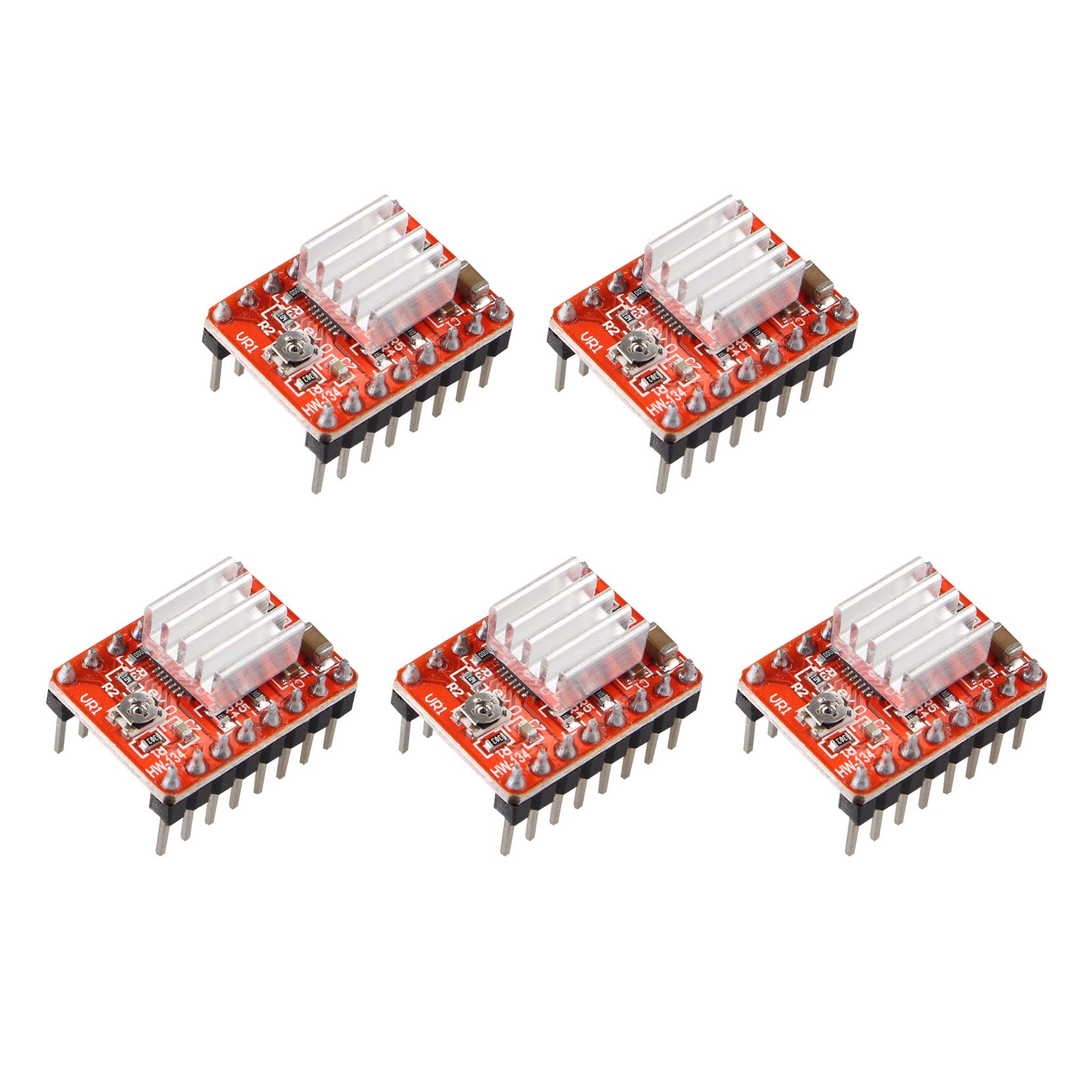 Jopto 5Pcs StepStick A4988 Red Arduino Stepper Compatible Motor Driver Carrier Reprap Module With Mini Heat Sink Compatible with 3D Printer Controller Reprap Ramps1.4