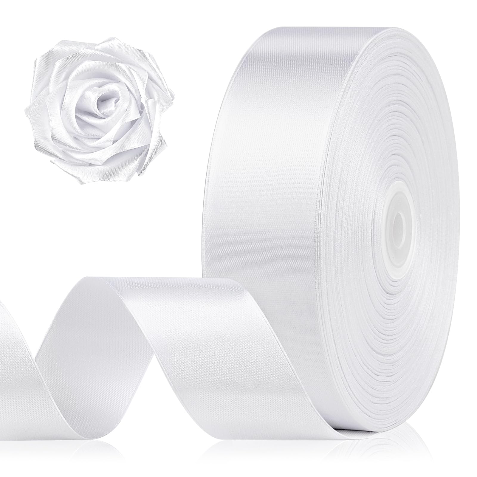 Photo 1 of 1-1/2 Inch 100 Yards White Satin Ribbon, Solid Fabric Ribbon Roll for Flower Bouquet, Gift Wrapping, Roses Making, Handmade Crafts