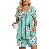 TAOHUADAO 2 Piece Women's Short Sleeve Pajama Sets, Lounge Sleepwear Ladies Pjs Sets with Pockets