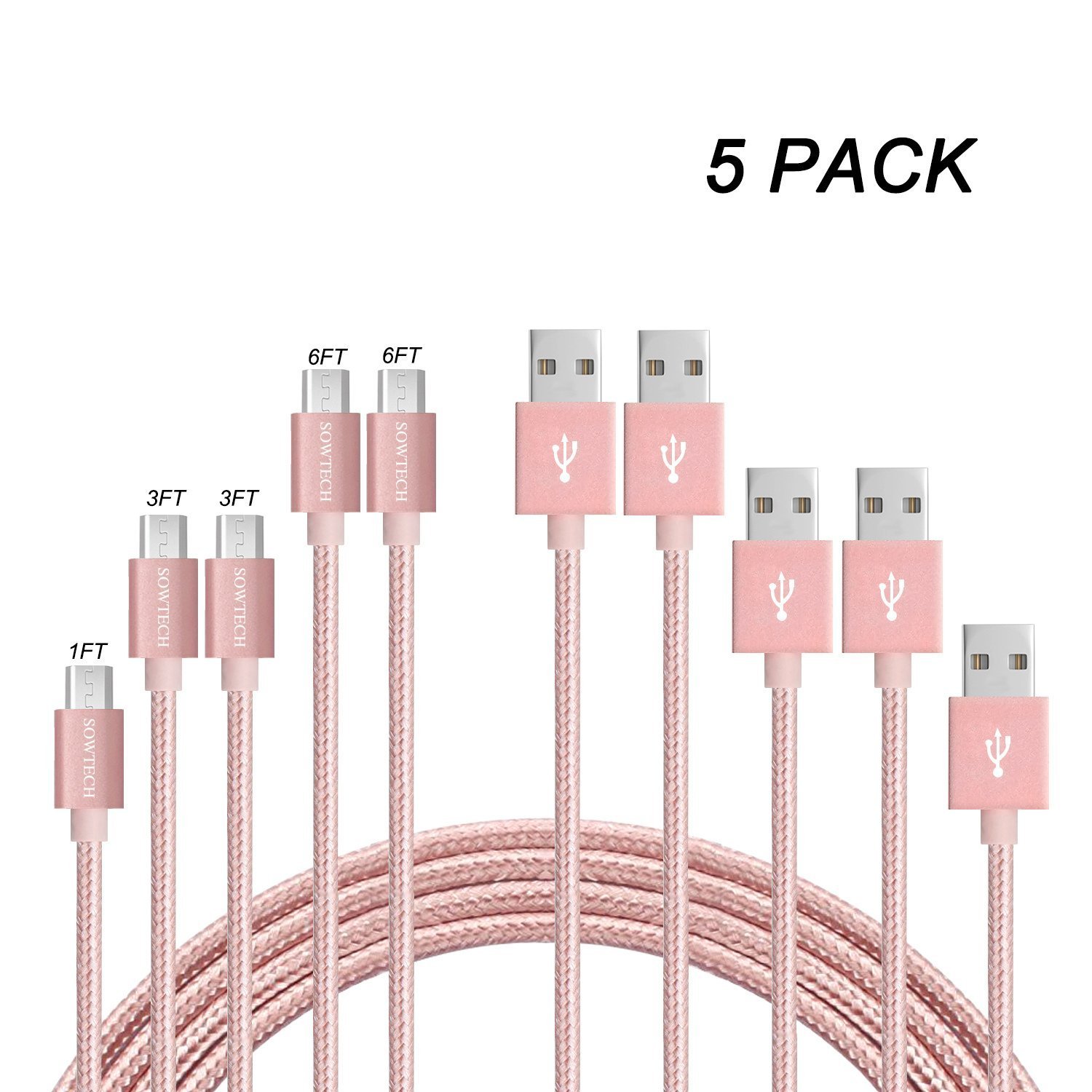 Micro USB Cable SOWTECH 5 Pack 1ft/2x3ft/2x6ft Durable Nylon Braided Interconnects USB 2.0 A Male to Micro B Sync and Charging Cords for Android Phones and Tablets - Rose