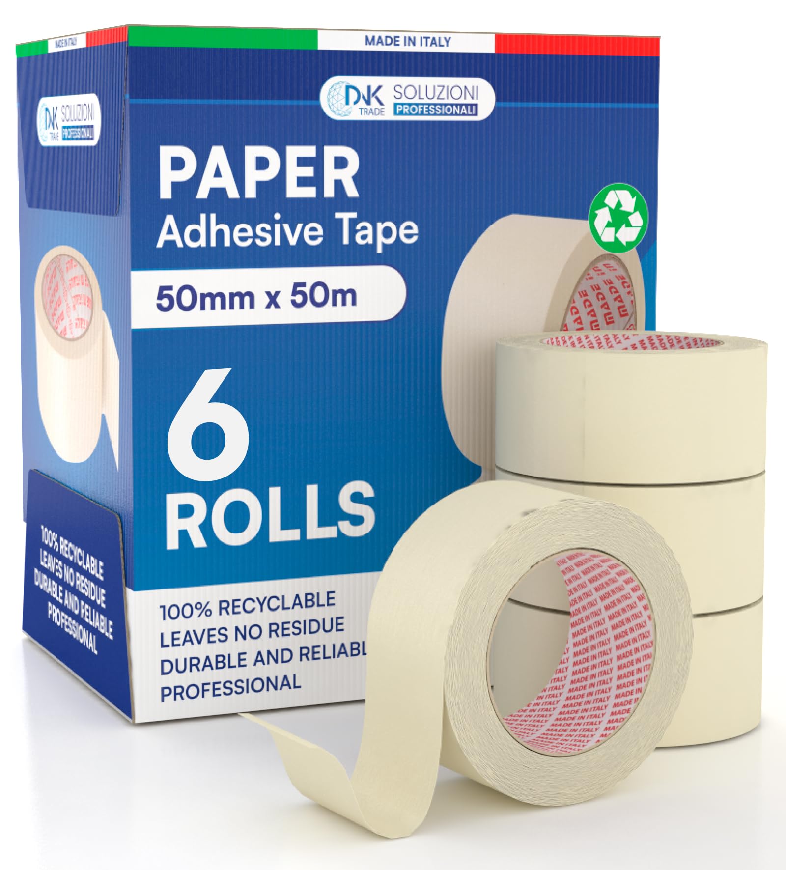DNK TRADE Paper Tape - 6 Rolls of Painters Tape 50mm x 50m - Professional 50x50 Recyclable Gummed Paper for Masking Painting and Whitewashing
