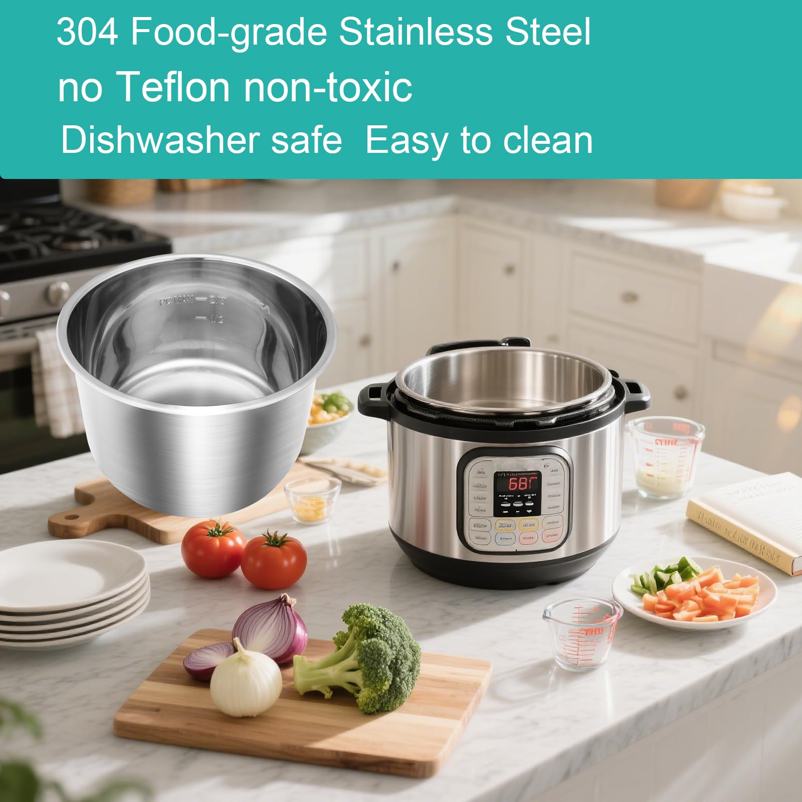 Stainless Steel Inner Pot for Instant Pot 6QT, Upgrade Replacement Pot for Instant pot 6 quart, Food Grade 304 (18/8) Stainless Steel Cooking Pot with Thick Bottom, Non-Toxic (No Teflon)