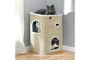 CATBOAT 2-Storey Cat House for Indoor Cats Bed, Covered Beds & Furniture with Scratch Pad and Hideaway Cave, Cute Modern Condo for Multi Small Pet Large Kitten Kitty, Brown