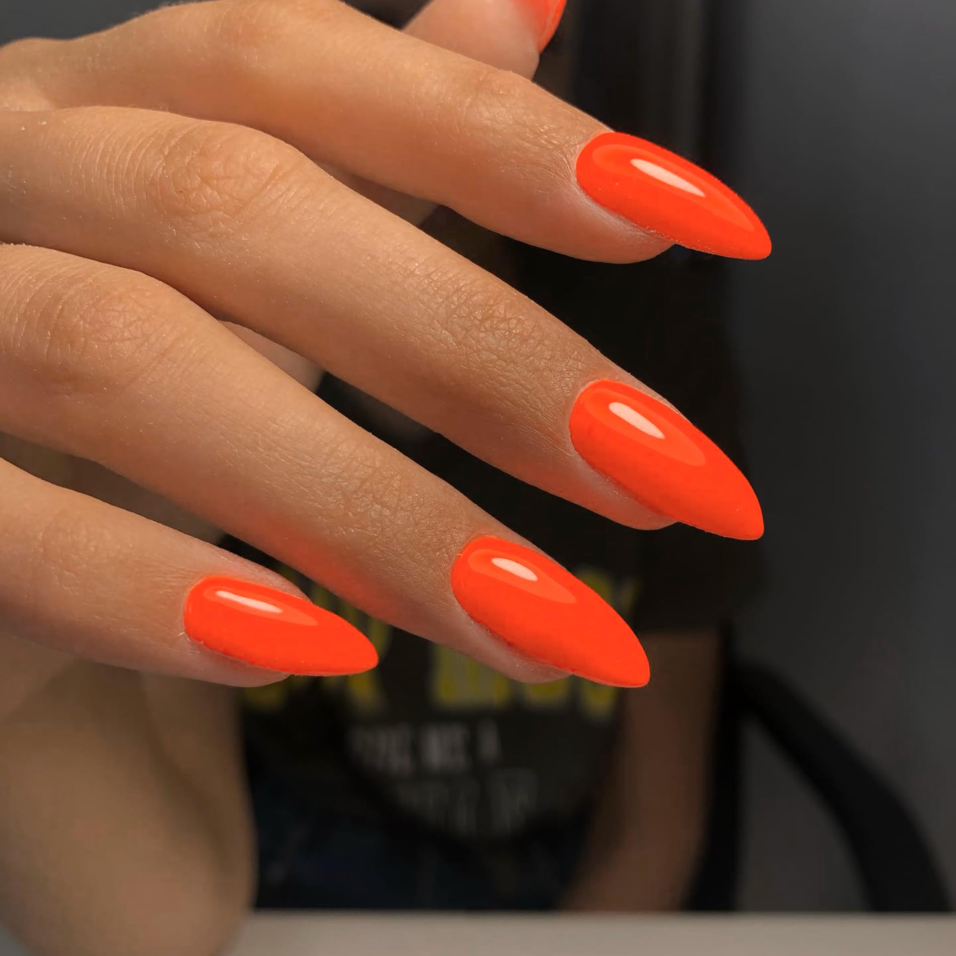 Photo 1 of 48Pcs Orange Press on Nails - Almond Shaped Medium Length Fake Nails, Stiletto False Nails for Women, Thick Natural Acrylic Gel Press ons