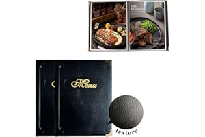 GLIMVILO Premium Faux Leather Menu Covers - Set of 2, Black Restaurant Menu Holders, 14 Views, 7 Pages, Durable A4 (8.3 x 11.7 Inch) Leather Menu Books - Stylish & Functional for Enhanced Dining Experience