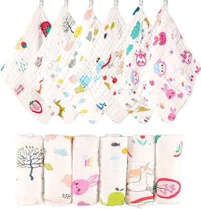 Lanjue 6 Pack Baby Washcloths Muslin 12x12 Inch 6-Layer Cotton Pink Girls