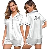 VILOVE Womens Silk Bride Pajamas Set Bridesmaid Button Down 2 Piece Satin Pjs Shorts Set Casual Notch Collar Sleepwear