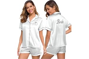 VILOVE Womens Silk Bride Pajamas Set Bridesmaid Button Down 2 Piece Satin Pjs Shorts Set Casual Notch Collar Sleepwear