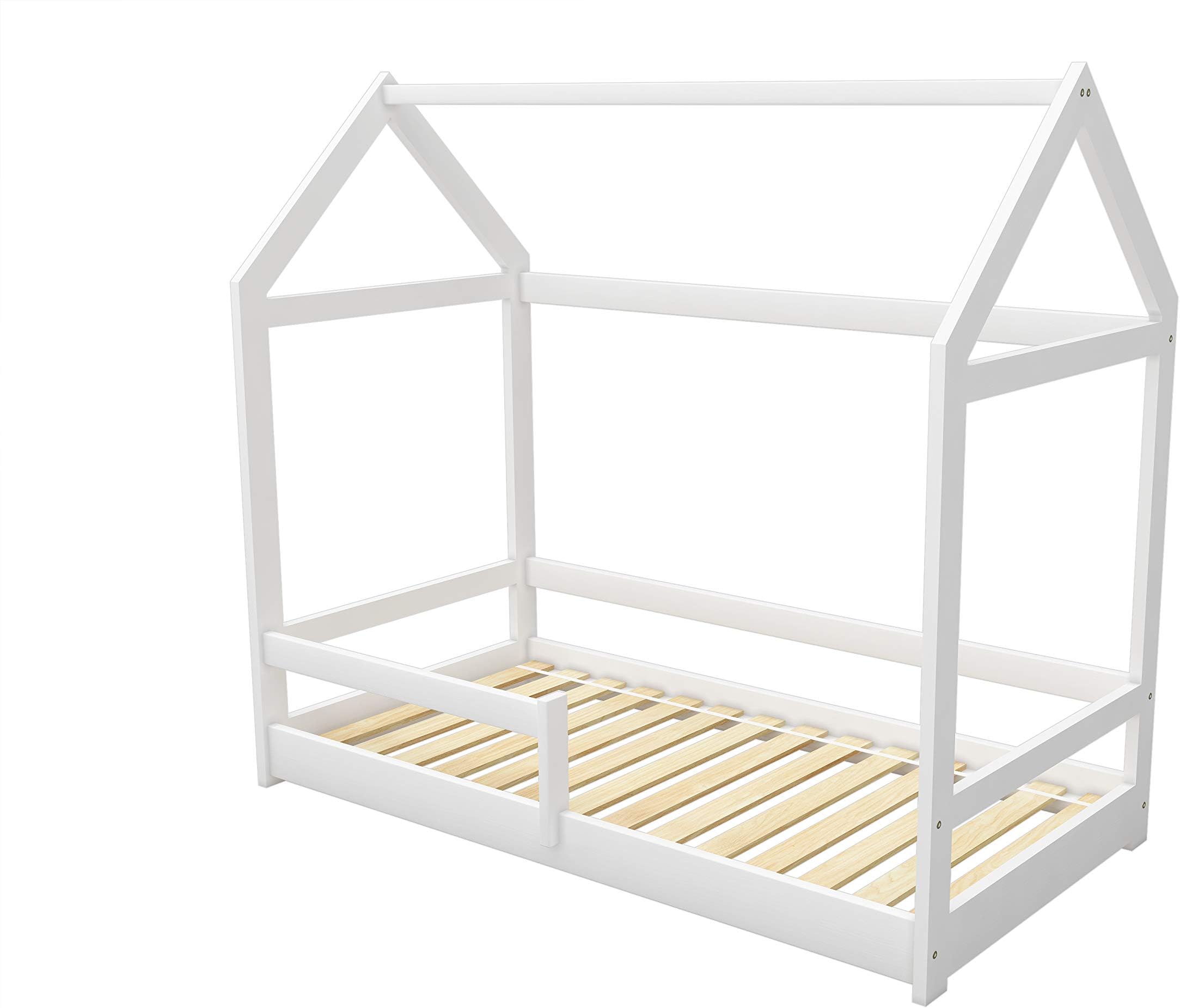 ACMA Kids bed Children bed house 2 100% Pinewood Natural (White, 90 x 200 cm)