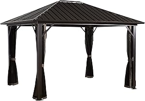 Sojag 10' x 14' Genova Hardtop Gazebo 4-Season Outdoor Shelter with Mosquito Net, Black,Brown