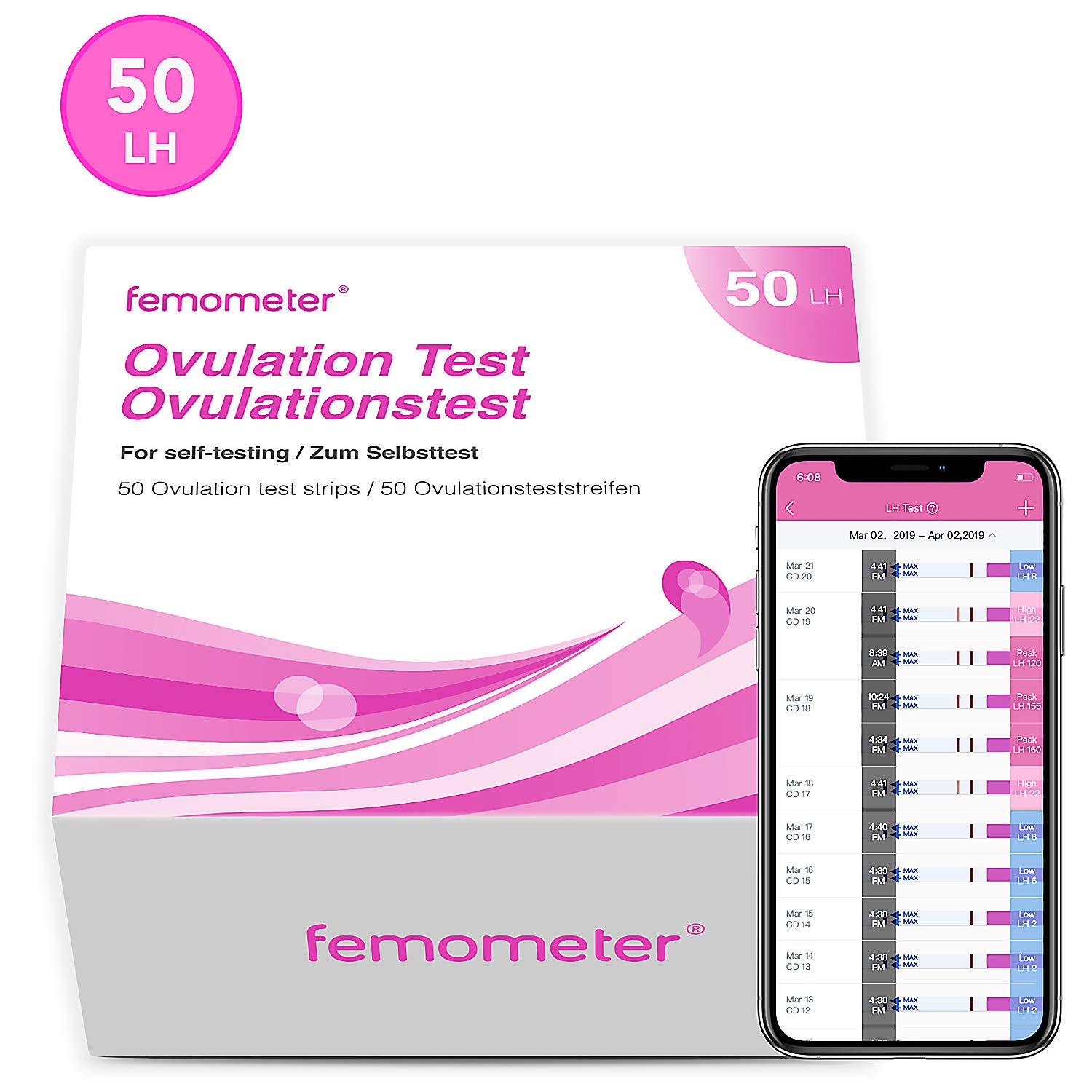 Femometer Ovulation Test Strips Kit, 50 LH OPK, Sensitive Fertility