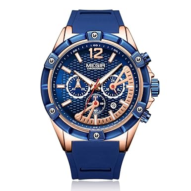 MEGIR Herren 12/24 Hour Chronograph Leuchtende Sport Militär Quarz Armbanduhr mit Silikonband