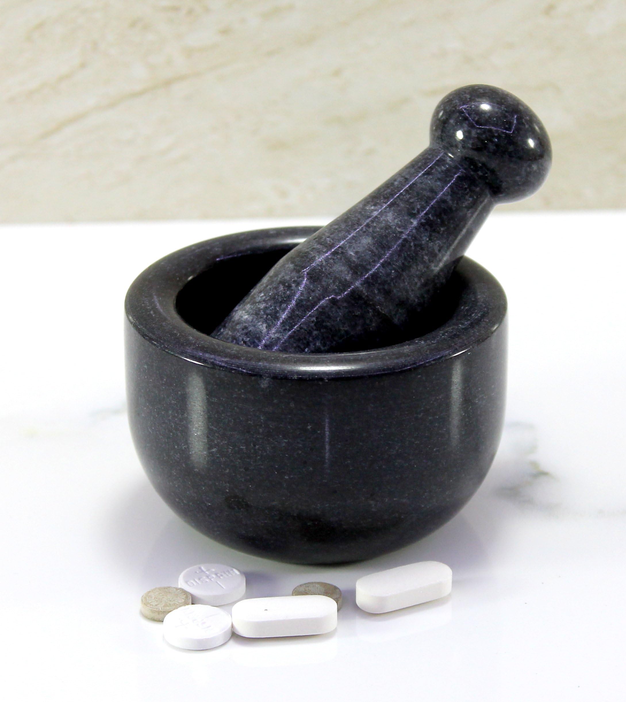 KLEO 3" Small Natural Stone Mortar and Pestle Set as Spice, Medicine Grinder Masher - kharad, Khallad, Okhli And Musal (Black)