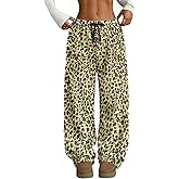 RONGTAI Leopard Print Pants for Women Soft Flannel Pj Bottoms Casual Warm with Pockets Drawstring Trousers S-XXL