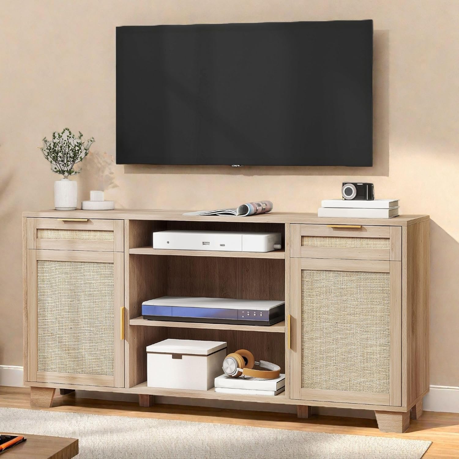 Photo 1 of *************Missing pieces/hardware**************
YITAHOME Rattan TV Stand for up to 65 Inch TVs, Boho Entertainment Center with Storage, TV Media Console with Drawers, Adjustable Shelves for Living Room (Natural Oak)