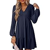 Dokotoo Spring Dresses for Women 2026 Long Sleeve V Neck Lightweight Ribbed Knit Empire Waist Casual A Line Swing Mini Dress