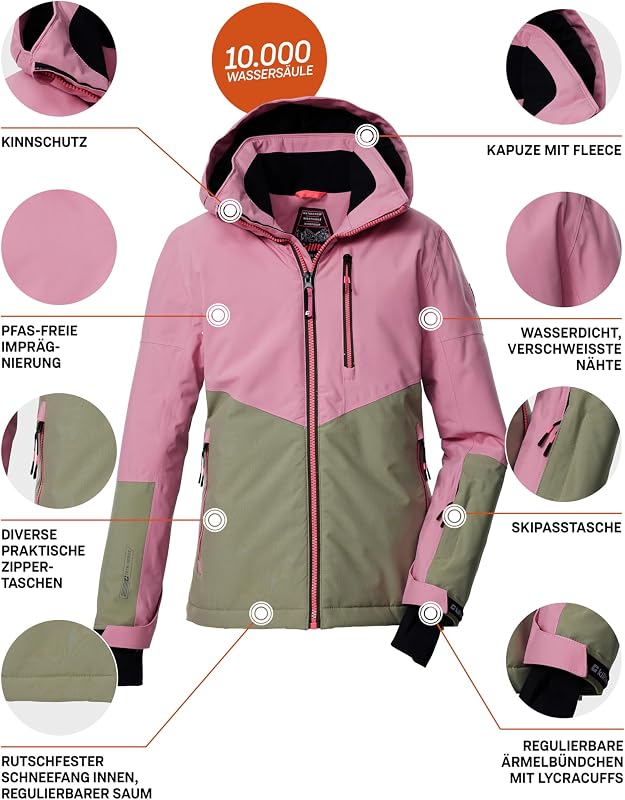 Casaco de esqui feminino/casaco funcional com capuz e proteção contra a neve KSW 207 GRLS SKI JCKT, hell himbeere/sage, 152, 43561-000