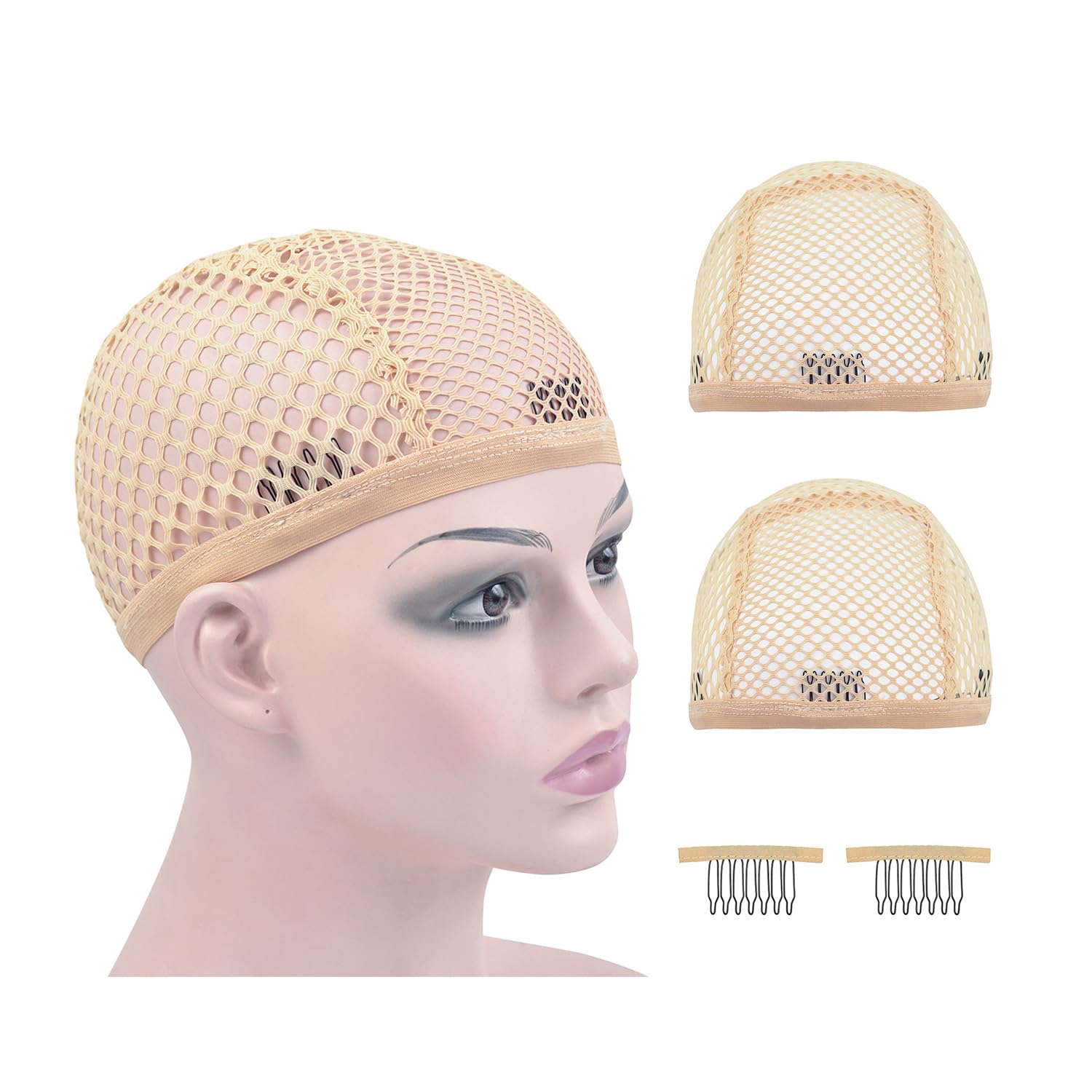 Mesh Wig Caps Crochet Wig Caps with Combs for Making Wigs (Beige 2 pcs)