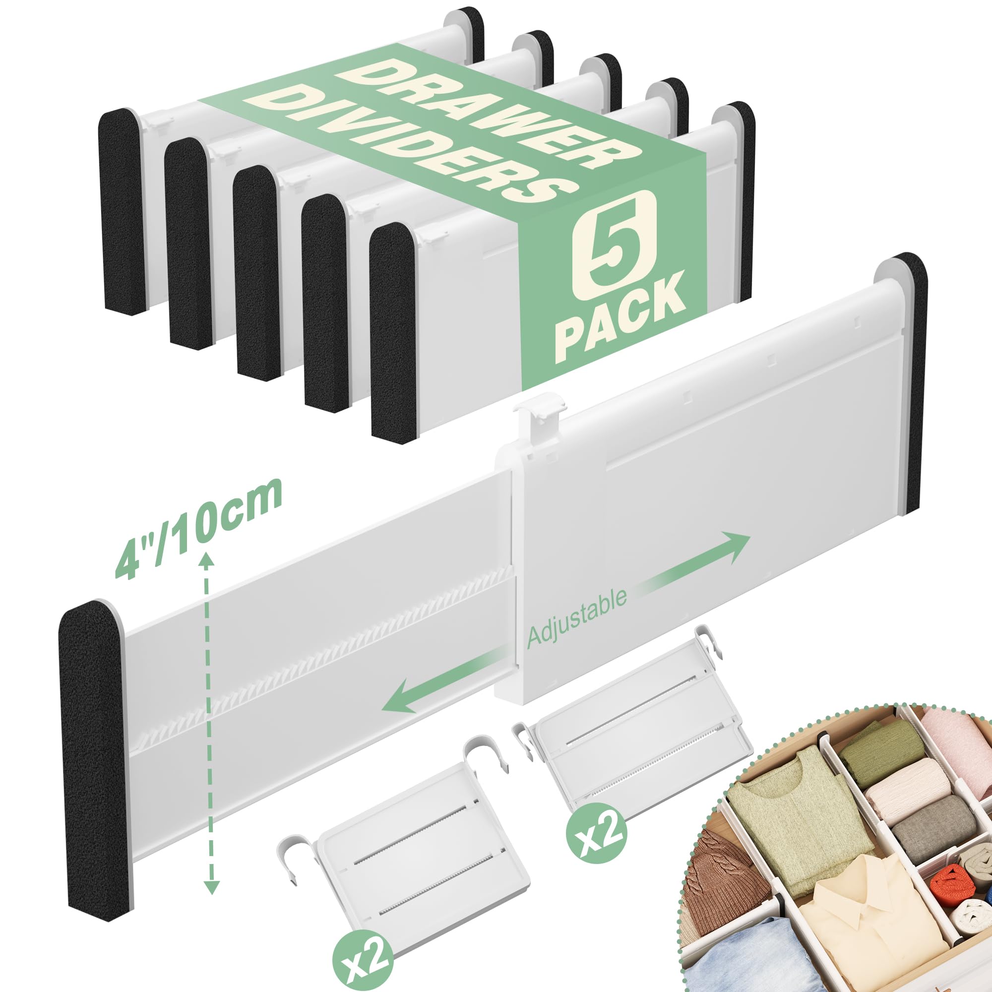 Photo 1 of FUNIZE Adjustable Drawer Dividers With Inserts, 4'' High Expandable Drawer Organizers for Clothes, 5 Pack 12.6-22.8'' Long Dividers with 3.9-7.1'' Inserts, Drawer Separators for Socks/Tools