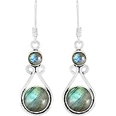 Round Shape Natural Gemstones Dangle Earrings for Women - 925 Sterling Silver Plated Dangle & Drop Handmade Jewelry Earrings - Gifts for Wedding, Anniversary, Christmas, Valentine's Day, New Year