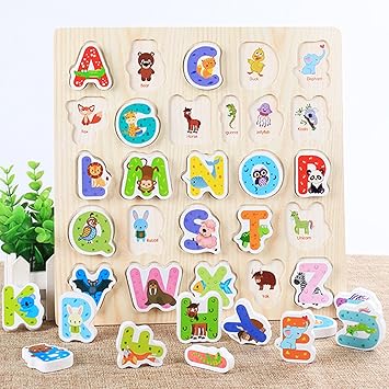 BAYBEE Childrens wood Alphabet, Number, Profession, Classroom, Fruit, Vegetable and Wild Animals Puzzle with Knobs and Captial Letters (Multicolour)