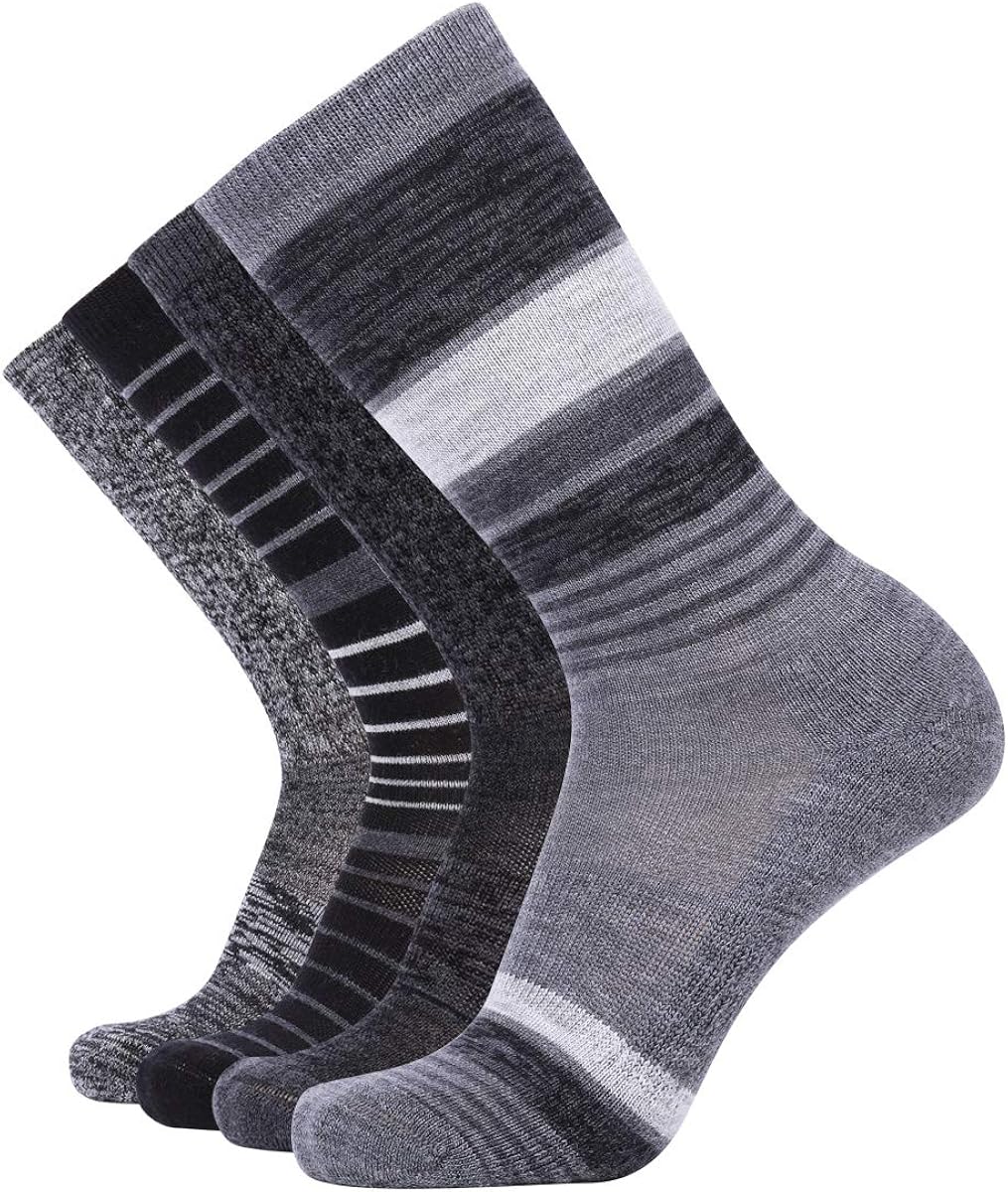 EnerWear 4 Pack Women's Merino Wool Outdoor Hiking Trail Crew Sock (US Shoe Size 4-10, Black Stripe/Dark Grey/Multi): Clothing