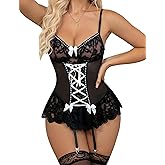 Gulinala Womens Lingerie Sets Sexy Lace Bodysuit with Garter Skirt Bow Front Babydoll Lingerie