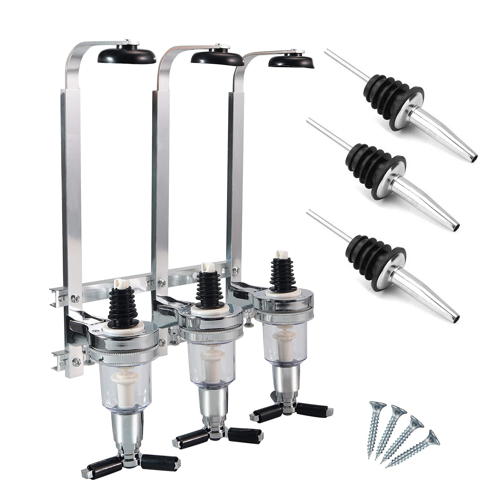 MUGLIO 3 Bottle Liquor Dispenser Stand Wall Mounted Dispenser Drinks Wine Spirits Steel Bar Optics Party Home Bar Butler Beer Cocktail,with 3 Liquor Bottle Pourers (3 Bottles)