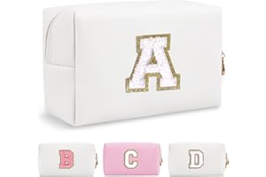 CHAOGREAT Small Personalized Initial A-Z Preppy Patch Makeup Bag,White PU Chenille Letter Travel Cosmetic Pouch with Zipper,Cute Toiletry Bag,Gift Ideal for Teen Girls Women Teacher Bridesmaid,Letter A