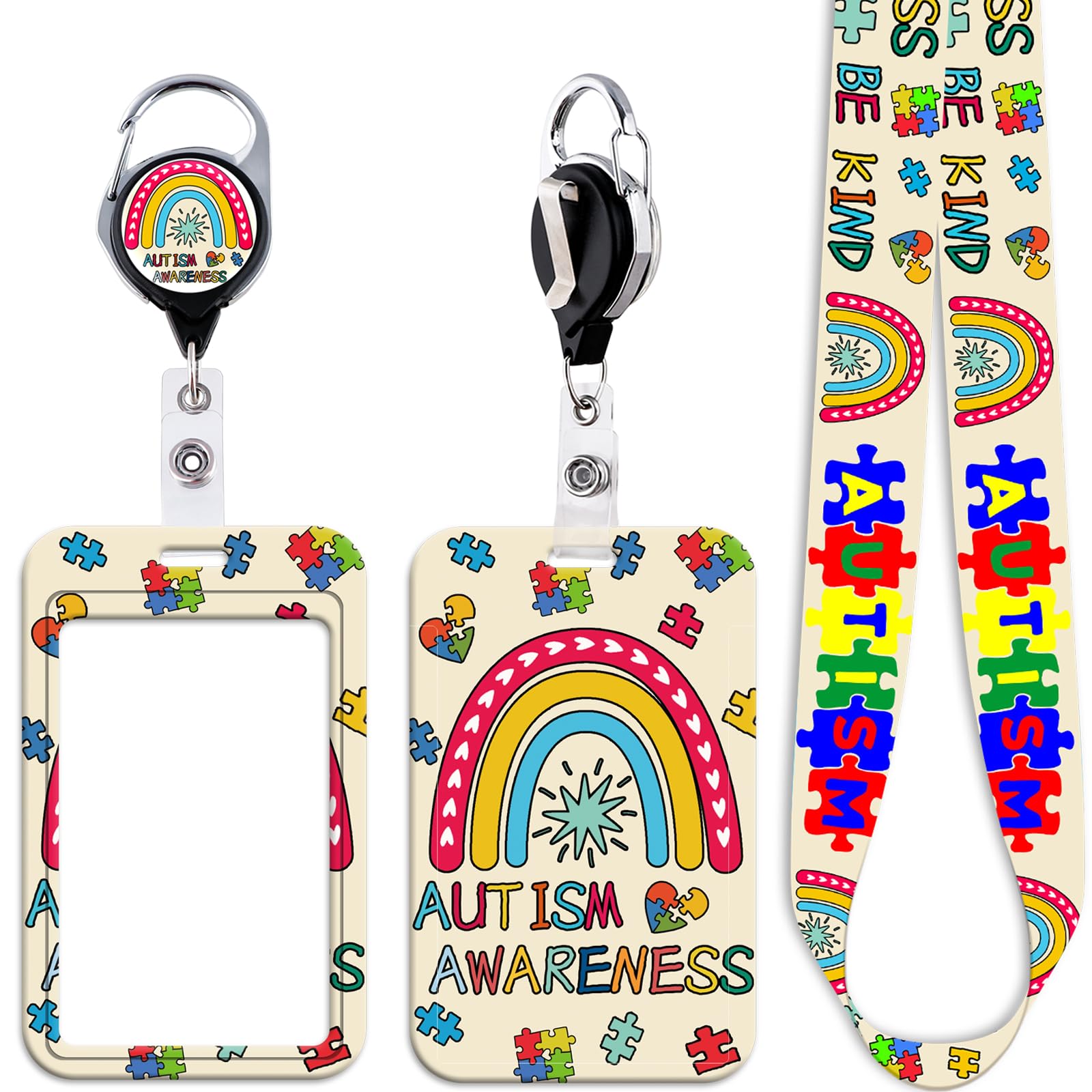 Juanooo Autism Awareness ID Lanyard Card Holder & Retractable Badge Reel Clip Cute Key Keychain for Kids Teens Girls Women Men Teachers for ID Badge Rainbow Puzzle Neck Reel Lanyard for Keys — image 1
