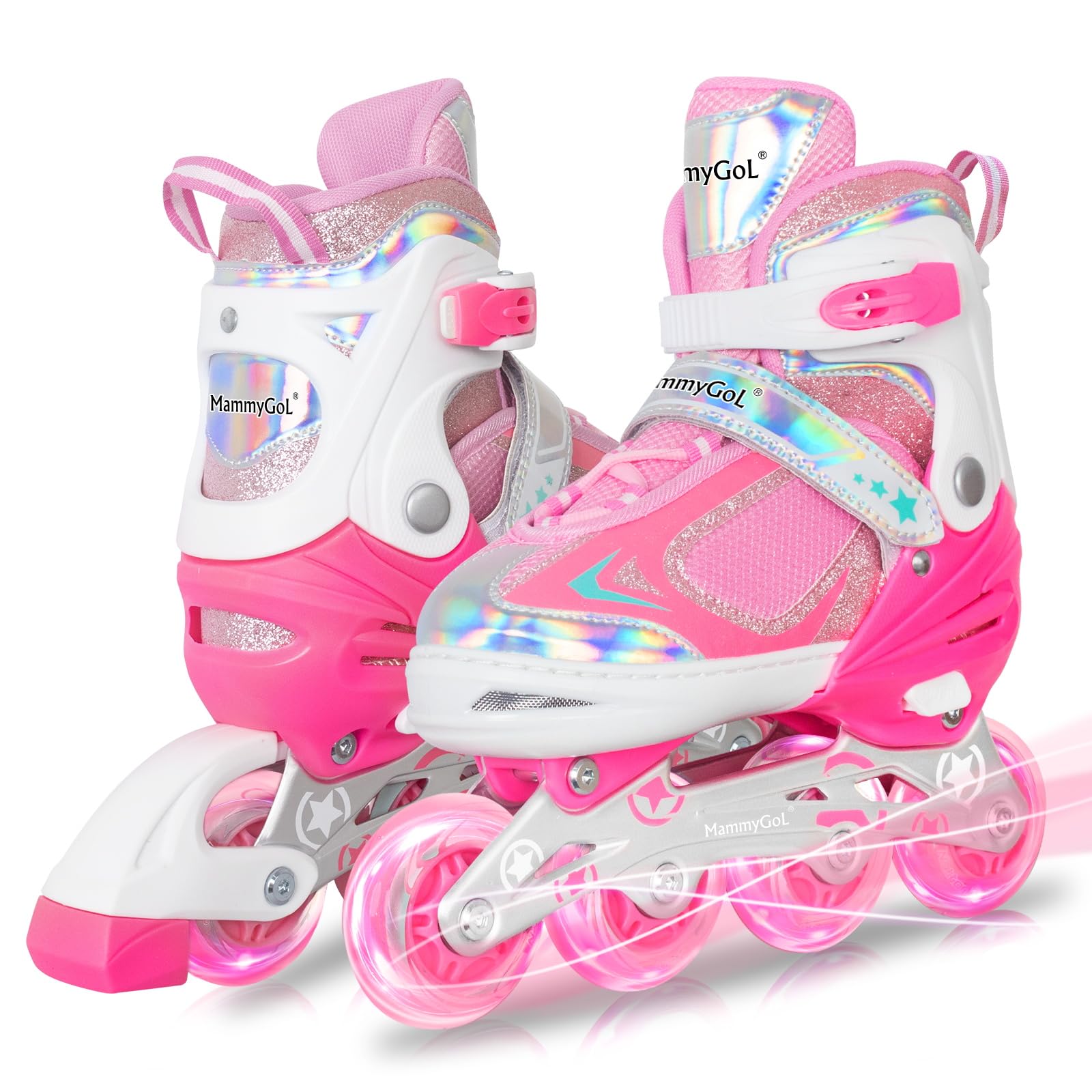 MammyGol Adjustable Inline Skates for Girls Kids Boys Youth with Light up Wheels, Pink Beginner Blades Roller Skates for Boys Size 5 6 7 8 Ages 6-12 Image