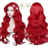 Red Curly Wig, Max Beauty Red Mermaid Cosplay Wigs for Woman with Starfish Hair Clips, Adult Long Hair Daily Wig Heat Resistant Synthetic Fiber for Halloween for Cosplay for Christmas (Red 1)