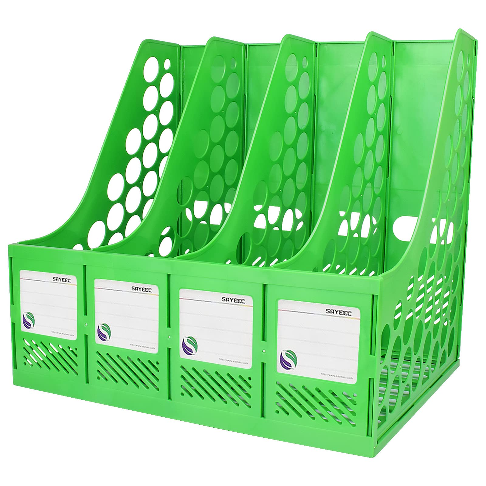 Photo 1 of SAYEEC Magazine File Holder, Plastic Desk Organizer File Folder Holder for Desk with 4 Vertical Compartments, Sturdy Desktop Binder Organizer Home Accessories Storage for Office Organization (Green)
