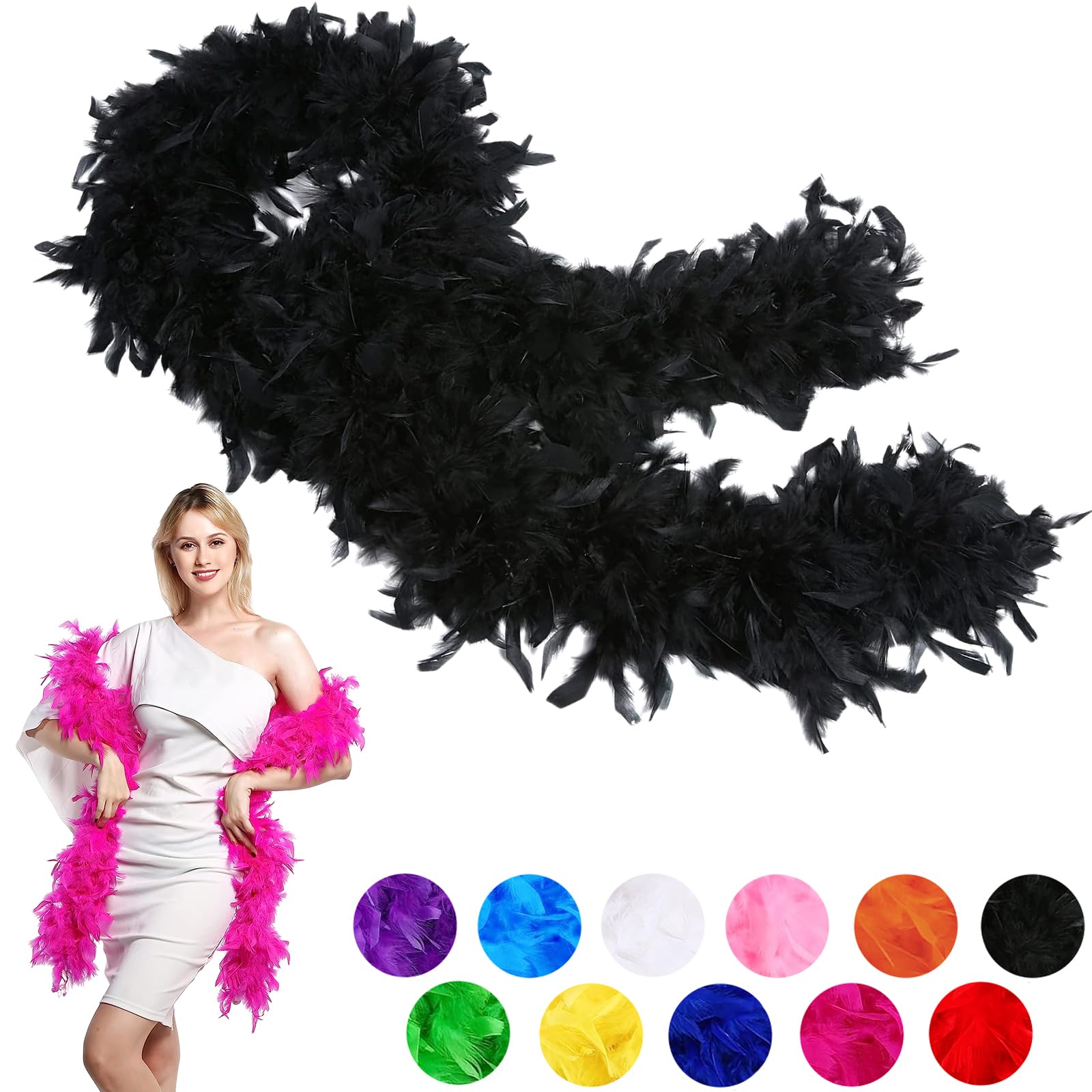 80g Black Feather Boa Thick Fancy Dress for Adults,Kids,2m/6.6ft Natural Turkey Feather Boa Black,Party Fluffy Boa Feather Scarffor Bulk for Women,Girls,Wedding Bachelor Halloween Christmas Party