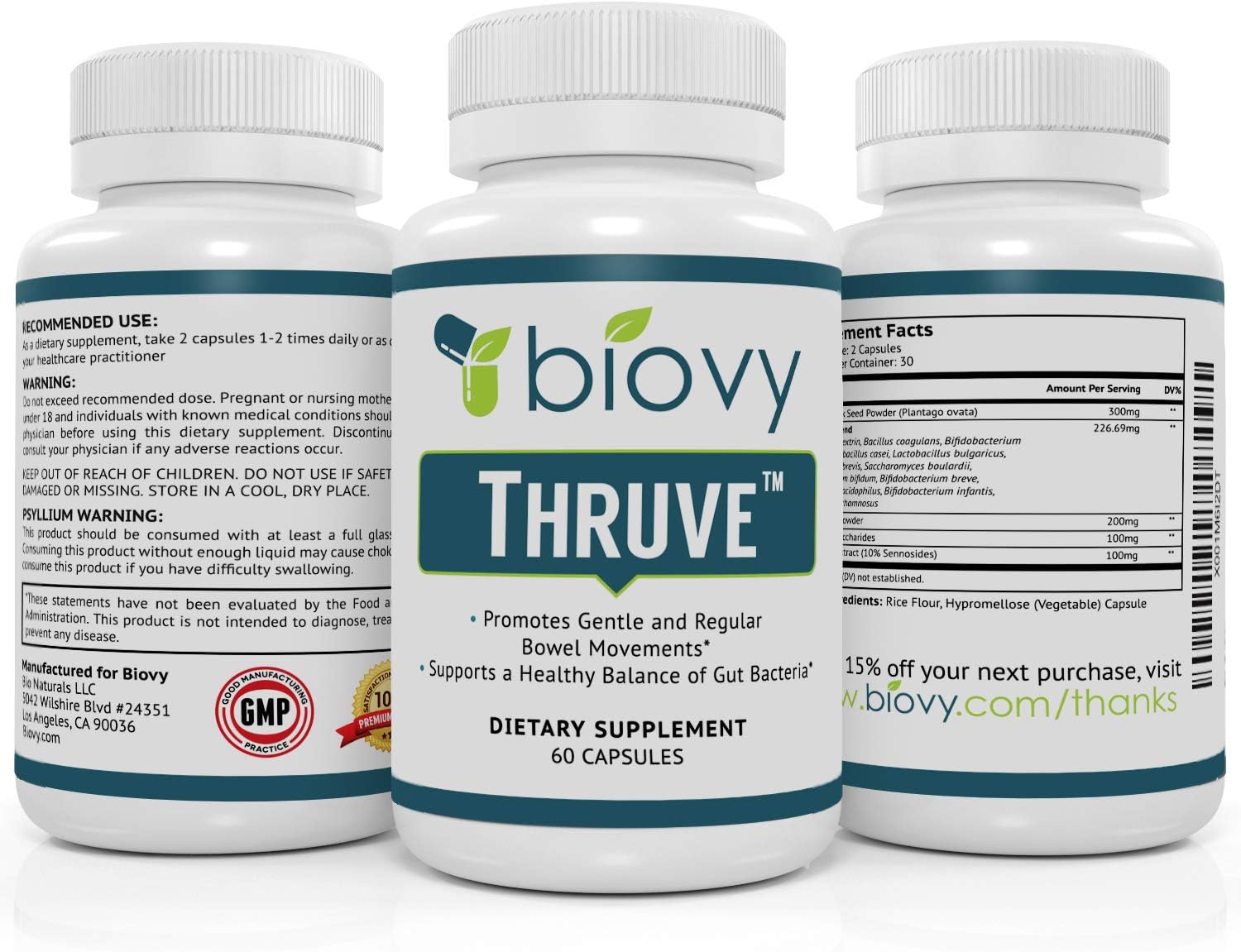 Thruve Long-term Constipation Relief Supplement - Probiotics, Prebiotics, Natural Laxatives and Fiber All In Easy To Swallow Capsules - Best Herbal Laxative Supplement For Constipation - 60 Pills: Health & Personal Care