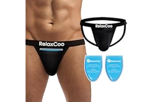 RELAXCOO Vasectomy Jockstrap Underwear - With 2-Custom Fit Ice Packs and Snug Jockstrap For Testicular Support & Pain Relief, L Black