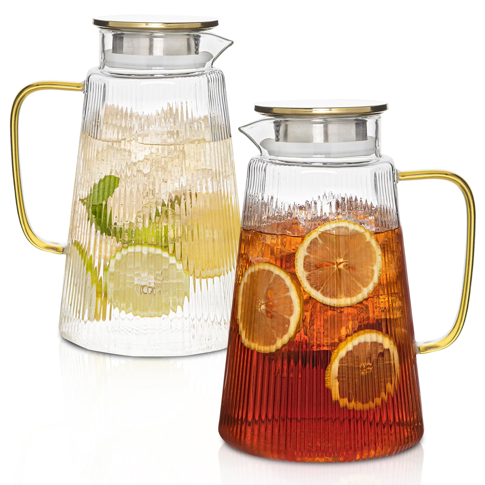 Photo 1 of [2 Pack] 71oz Yellow Handle Glass Pitchers – Accent Ribbed Carafe Set for Hot and Cold Beverages, Heat-Resistant Borosilicate Water Jugs with Lid for Tea, Coffee, Juice, Stylish Serving Set
