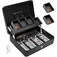 Polspag Cash Box with Lock and 2 Keys, Metal Money Box with Cash Tray, Portable Lock Safe Box, 4 Bill/5 Coin Slots, Large Cash Boxes with Money Tray for Small Business 11.8 x 9.5 x 3.5 Inch, Black
