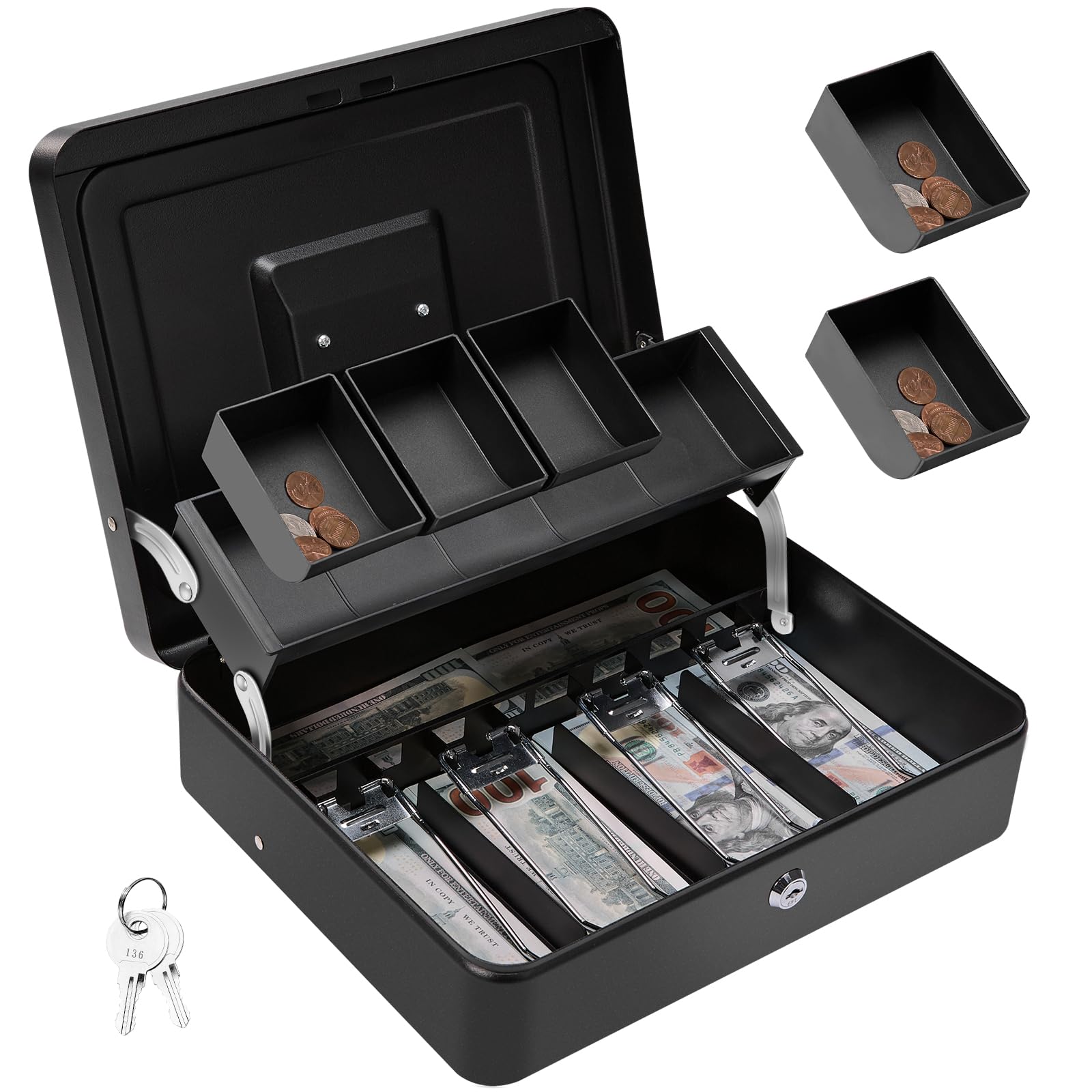 Photo 1 of Polspag Cash Box with Lock and 2 Keys, Metal Money Box with Cash Tray, Portable Lock Safe Box, 4 Bill/5 Coin Slots, Large Cash Boxes with Money Tray for Small Business 11.8 x 9.5 x 3.5 Inch, Black