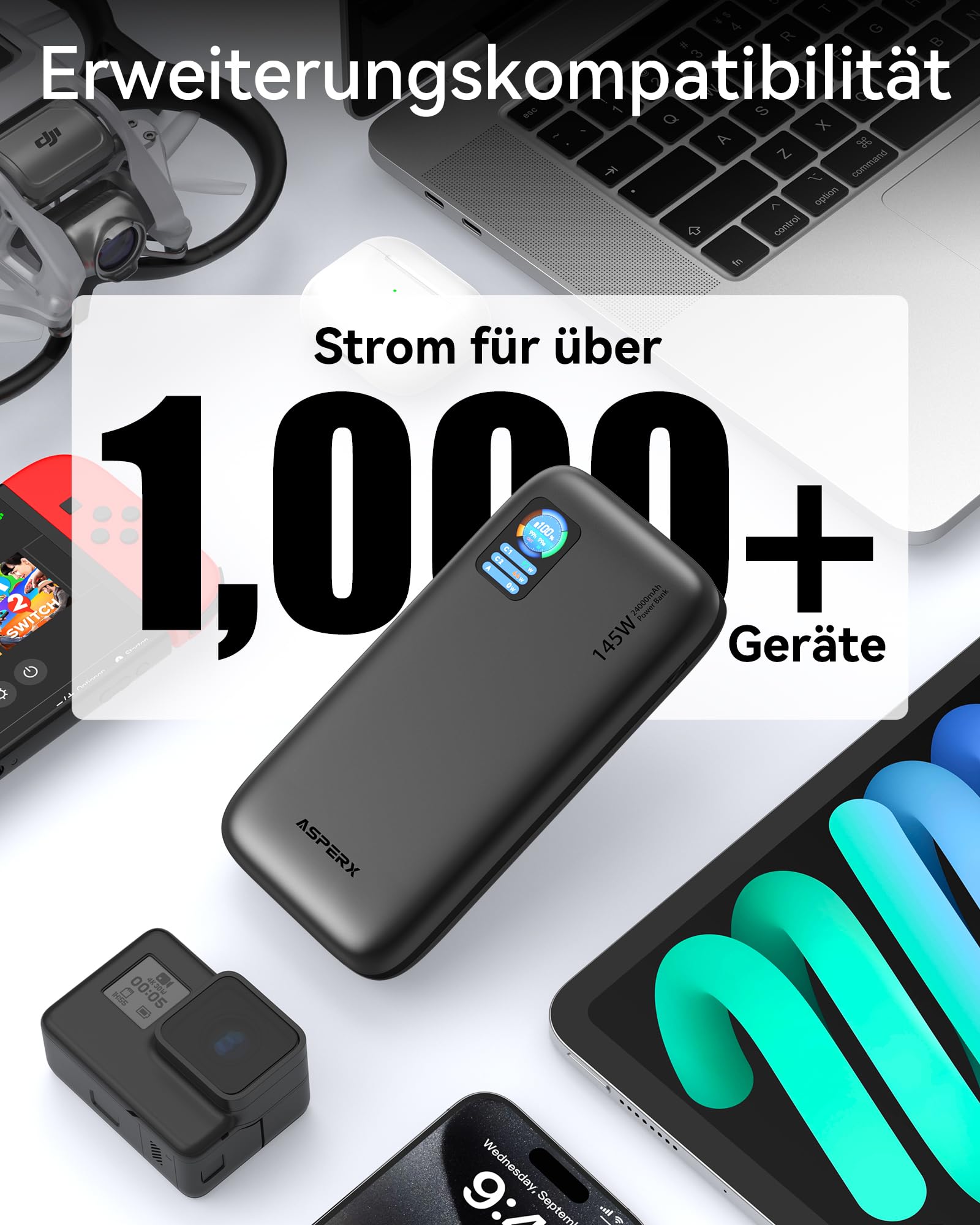 AsperX 100W 24000mAh Powerbank für Laptop MacBook iPad iPhone 17/16/15/14 6