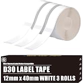 D30 Label Tape, 540 Labels 12x40mm White Thermal Label Paper for Phomemo D30 Labels Tape Printer Maker Tapes Refill Replacement for Print Master Refill 12mm x 40mm (0.47 x 1.57 Inch) 3 Rolls White