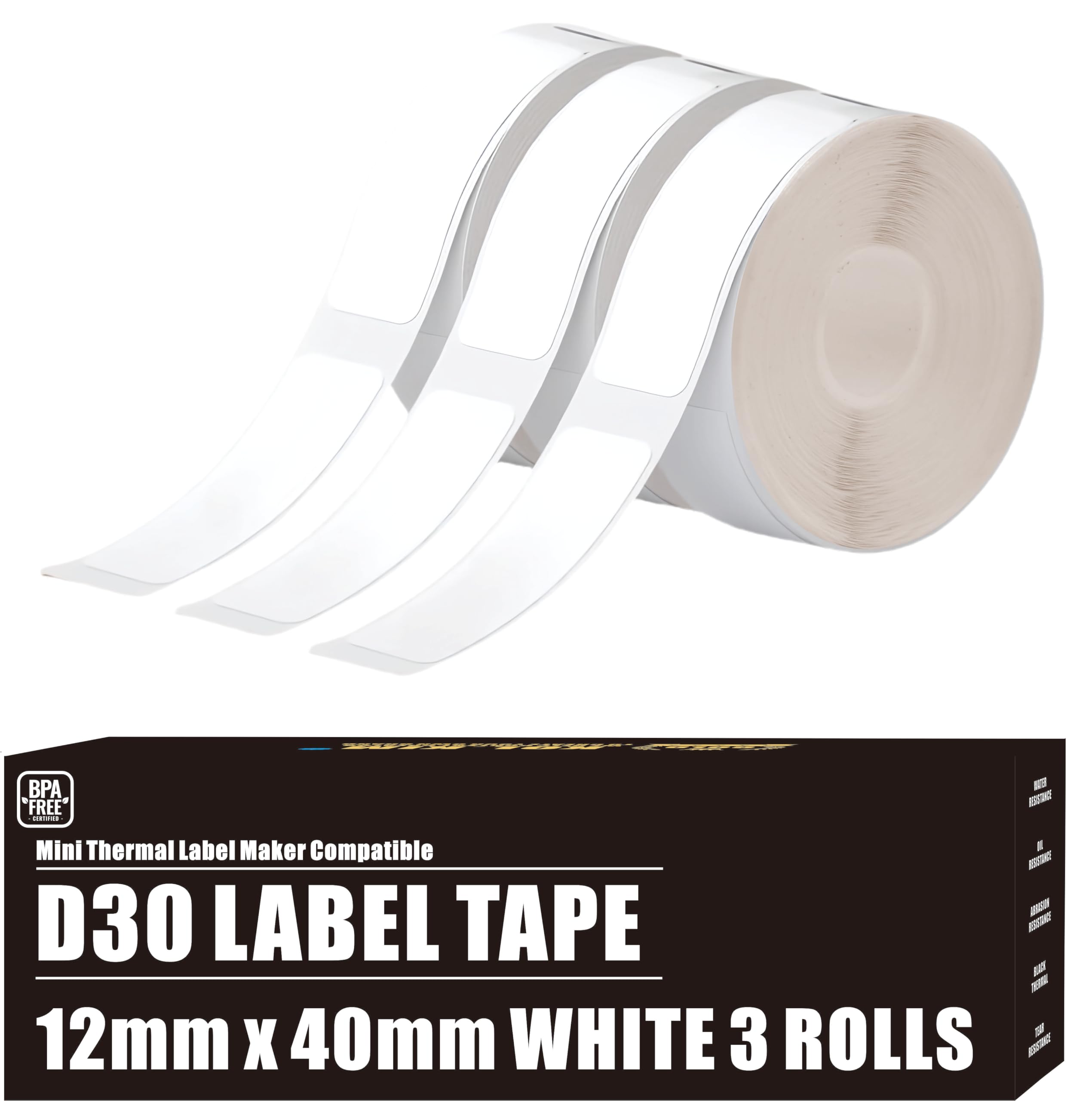 Photo 1 of D30 Label Tape, 540 Labels 12x40mm White Thermal Label Paper for Phomemo D30 Labels Tape Printer Maker Tapes Refill Replacement for Print Master Refill 12mm x 40mm (0.47 x 1.57 Inch) 3 Rolls White