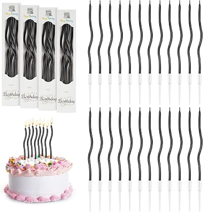 URAQT 24 Pcs Twisty Birthday Candles with Stands Black Metallic Long Candle