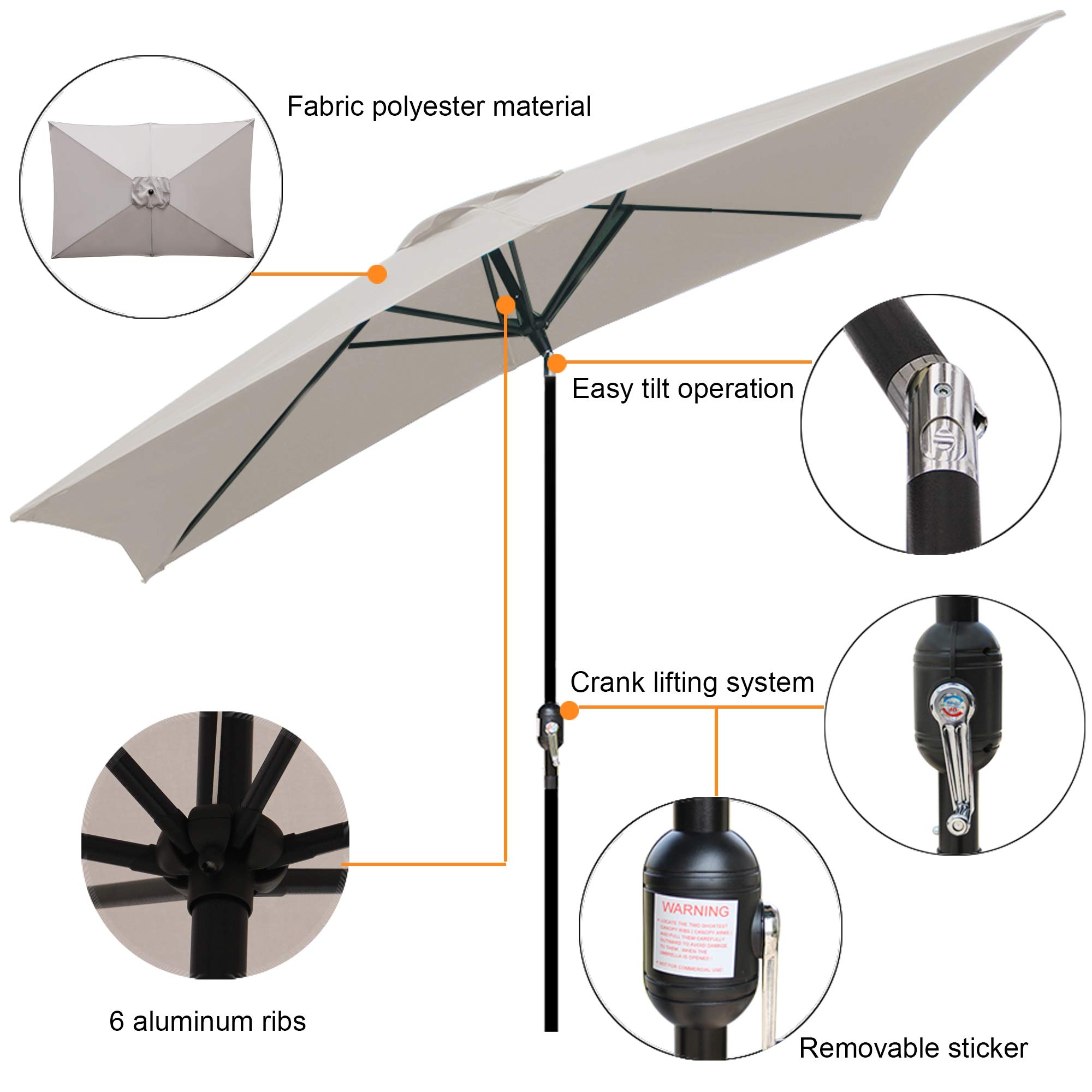 Blissun 10' Rectangular Patio Umbrella Outdoor Market Table Umbrella with Push Button Tilt and Crank (Grey)