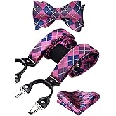 HISDERN Bow tie and Suspenders for Men Plaid Suspender Self Bowtie Pocket Square Adjustable Y Shape Mens Trouser Braces