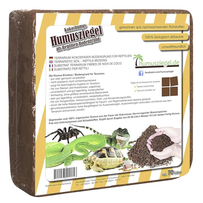 Humusziegel - Kokoseinstreu Bodensubstrat für Reptilien - Terrariensubstrat 70 L